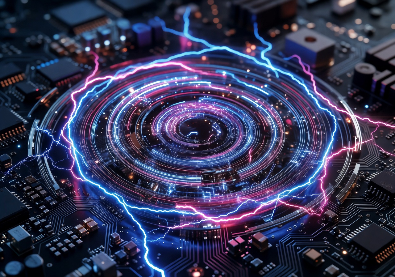Cyberpunk electronic circuit representing lightning fast spin technology