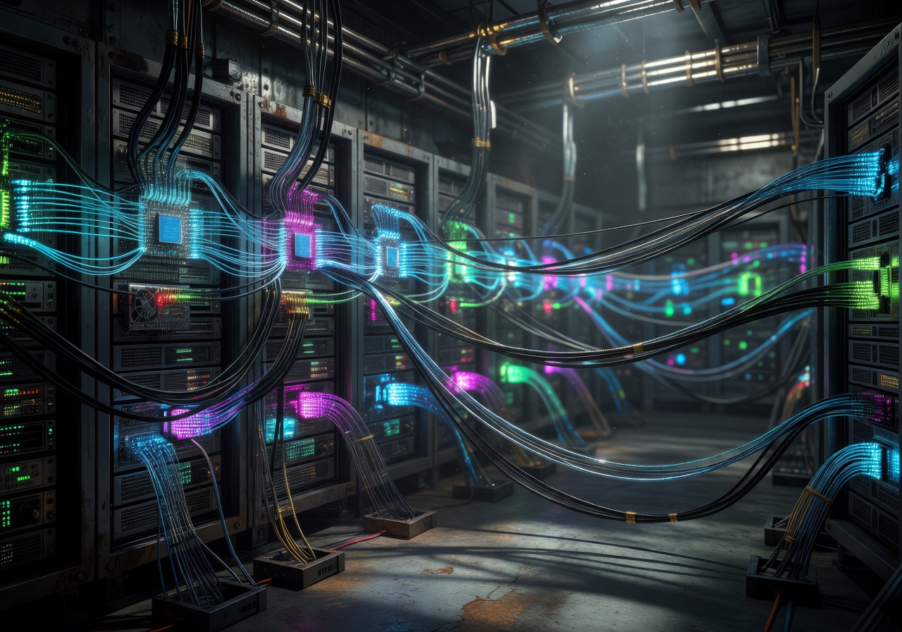 Cyberpunk electronic network glowing in dark