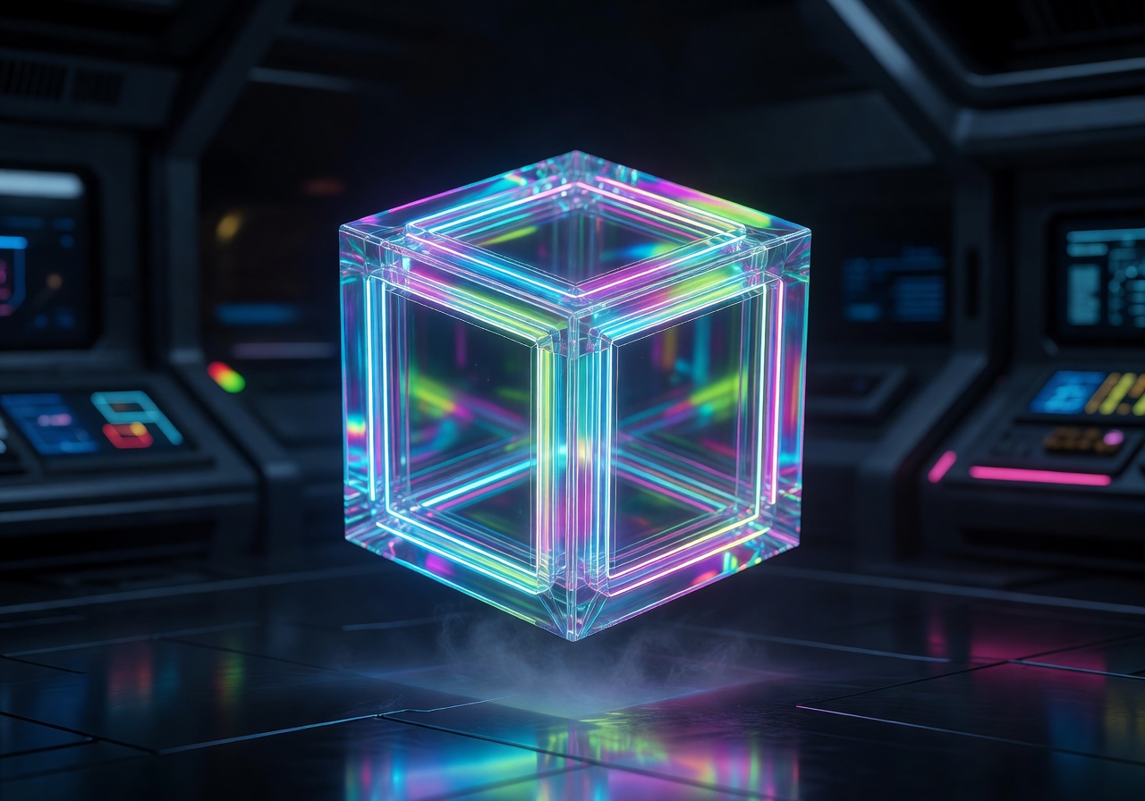 Holographic neon cube representing futuristic daily rewards in radargathermates